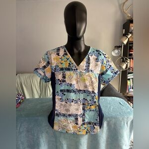 Cherokee Blue and Yellow Floral Scrub Top